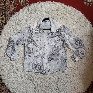 Vintage Haband Sheer Button Up Blouse Paisley & Floral White & Black
